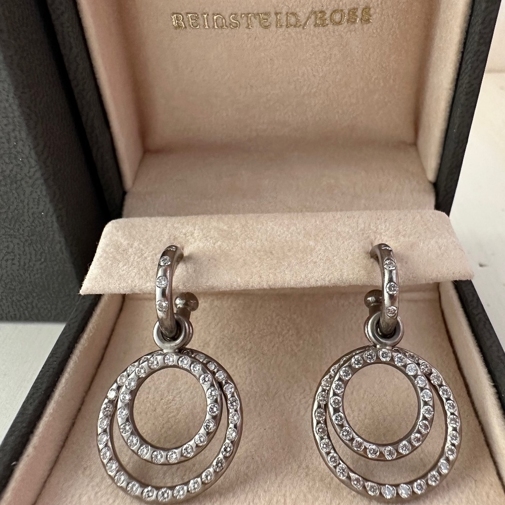 REINSTEIN ROSS 18K White Gold Hoop Earrings w/2 SETS Diamond Charms Drops $9350